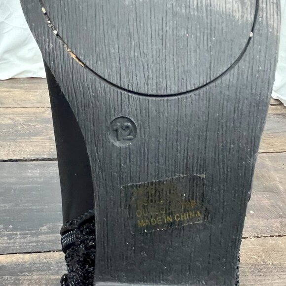 JG Black Leather / Glitter Round Toe Side Zip Block Heel Ankle Boots Size 12 - Picture 8 of 8